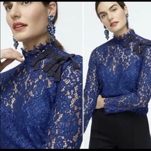 J Crew Blouse Blue Floral Lace Eyelash Hems Cami Lined Black Trim Small